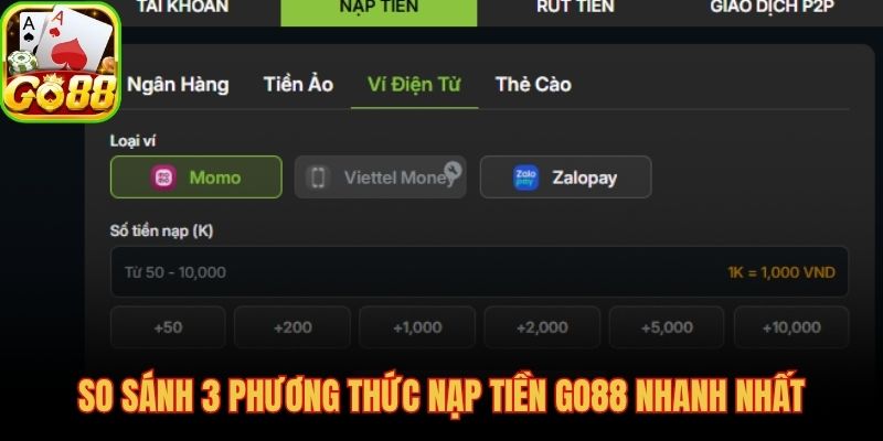 Nạp tiền GO88 qua 3 phương thức và hạn mức so sánh trực tiếp